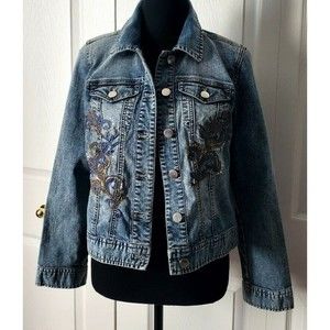 Platinum Chicos Embroider Ed Blue Jean Jacket Diamond Stud Size 0 Denim Coat EUC